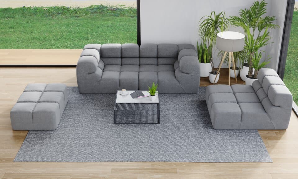 stylish rug placement with sofa set in the living room
