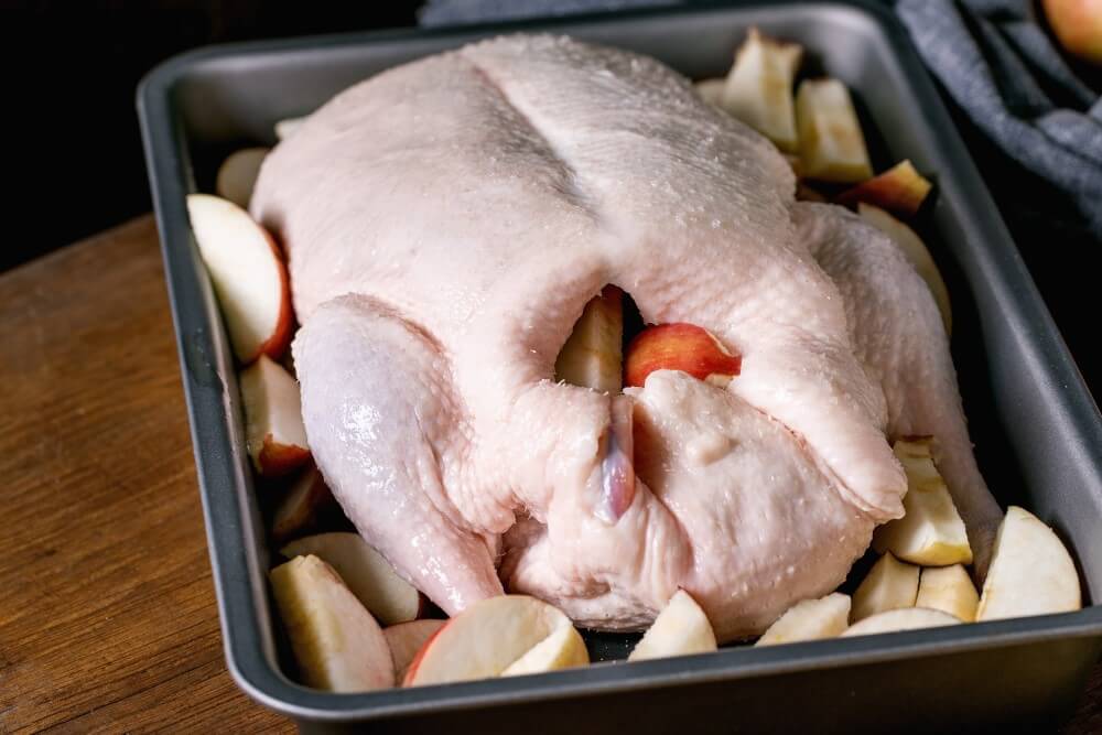 raw turkey in a baking tray