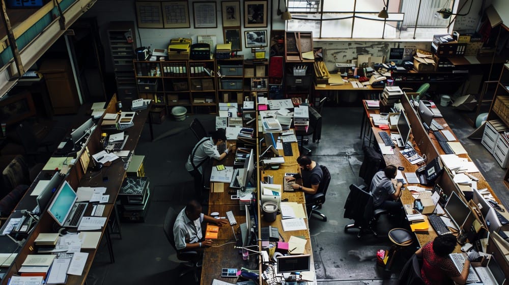 overhead shot of cluttered and busy office