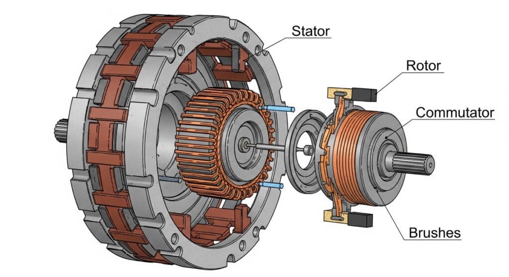 illustration of parts of brushed motor in power tools