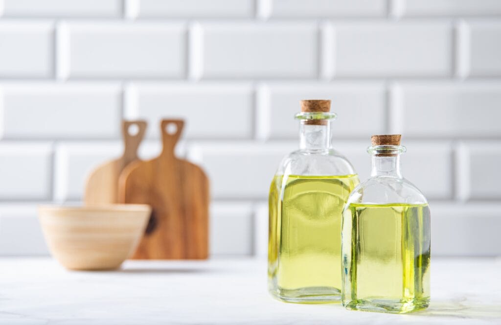 bottles of oil in the kitchen counter