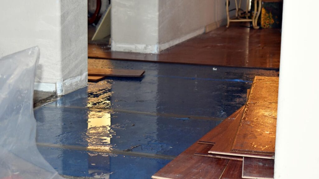 Floodwater covering the floor inside a home