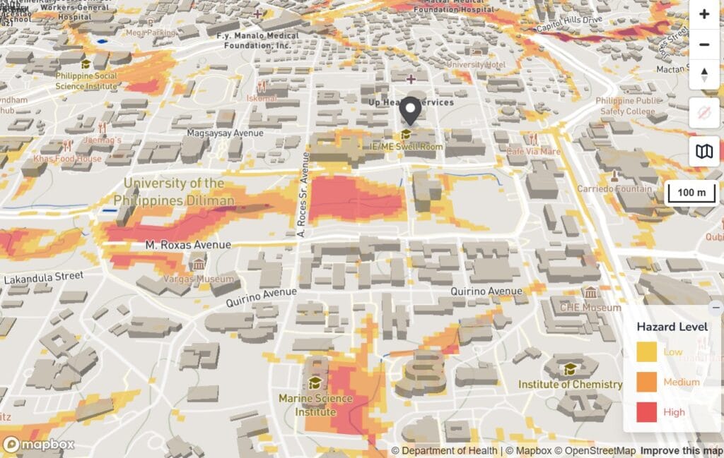 Screenshot of the NOAH Flood Hazard Map showing flood-risk zones around UP Diliman.