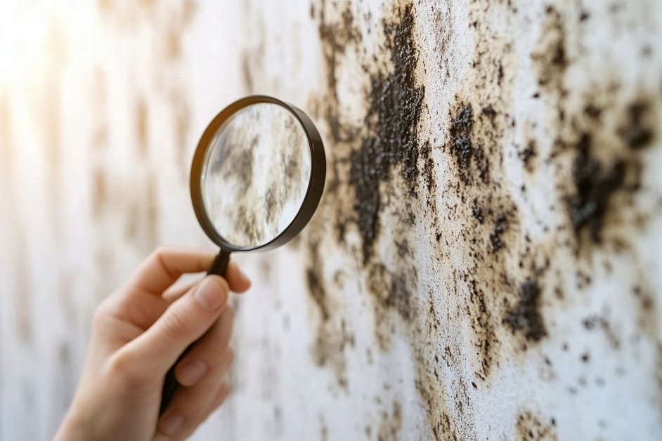 Hand holding a magnifying glass inspecting mold patches on a wall