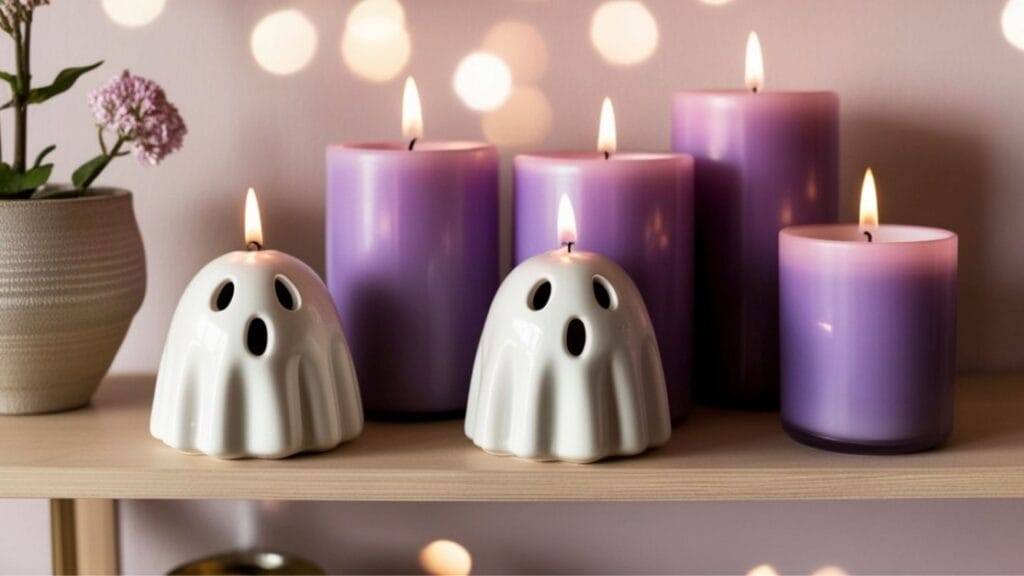 Ghost-shaped and purple candles creating cozy Halloween decor.