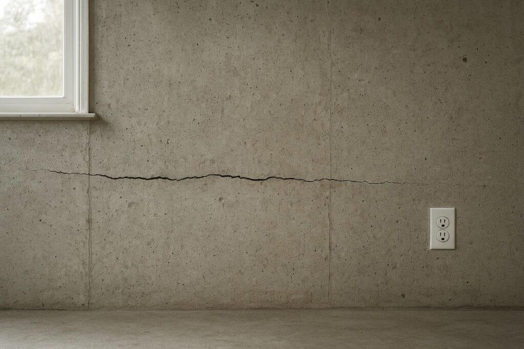Long, jagged horizontal crack in a concrete basement wall under a small window.