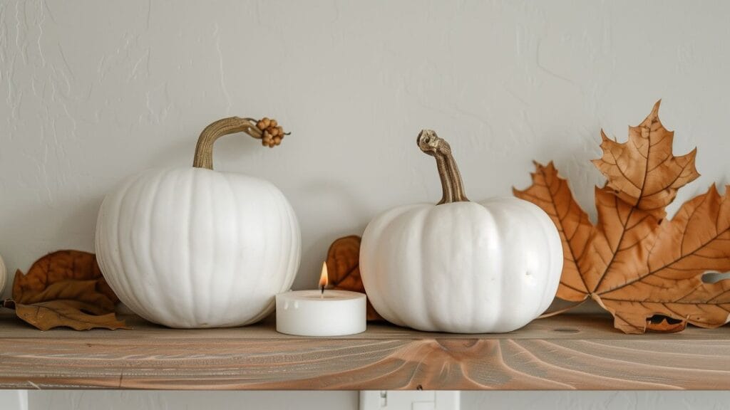 White pumpkins with candles and dried leaves on wooden shelf for fall decor