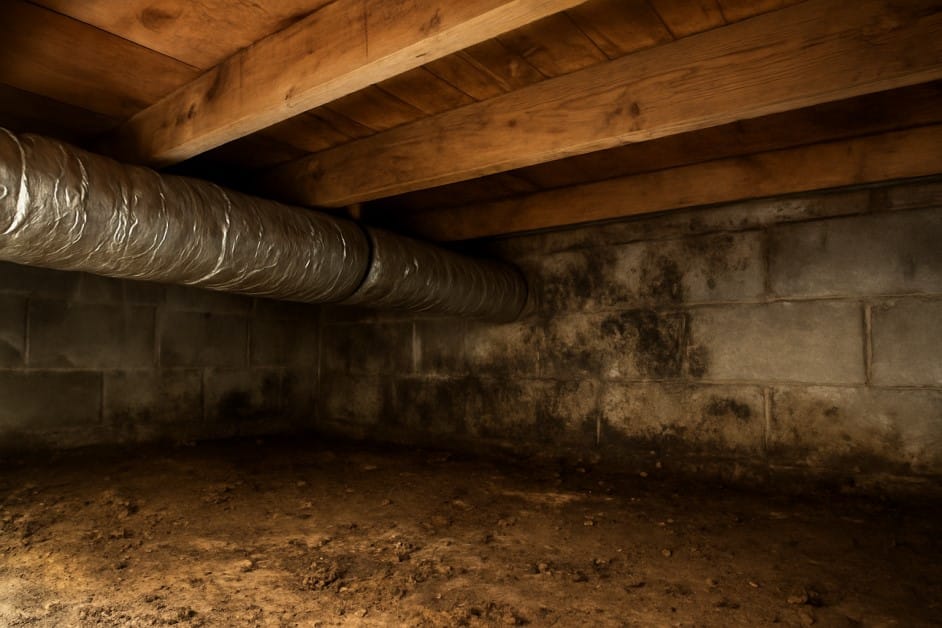 Interior of a dark crawlspace with a dirt floor, wood ceiling joists, HVAC ductwork, and black mold