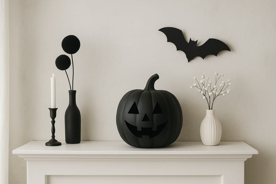 Black pumpkin and bat decor on white mantel for minimalist Halloween style