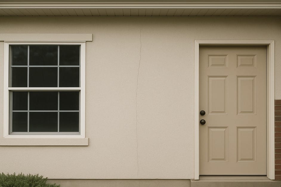 Vertical hairline crack in light beige stucco wall between a window and a door.