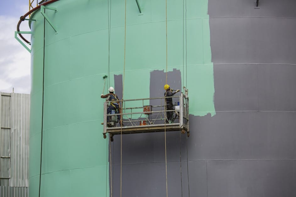 Workers applying fire-resistant coating to a large industrial storage tank using a suspended scaffolding.