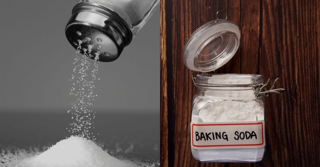 Salt pouring next to a jar of baking soda, ingredients for a natural drain cleaner.