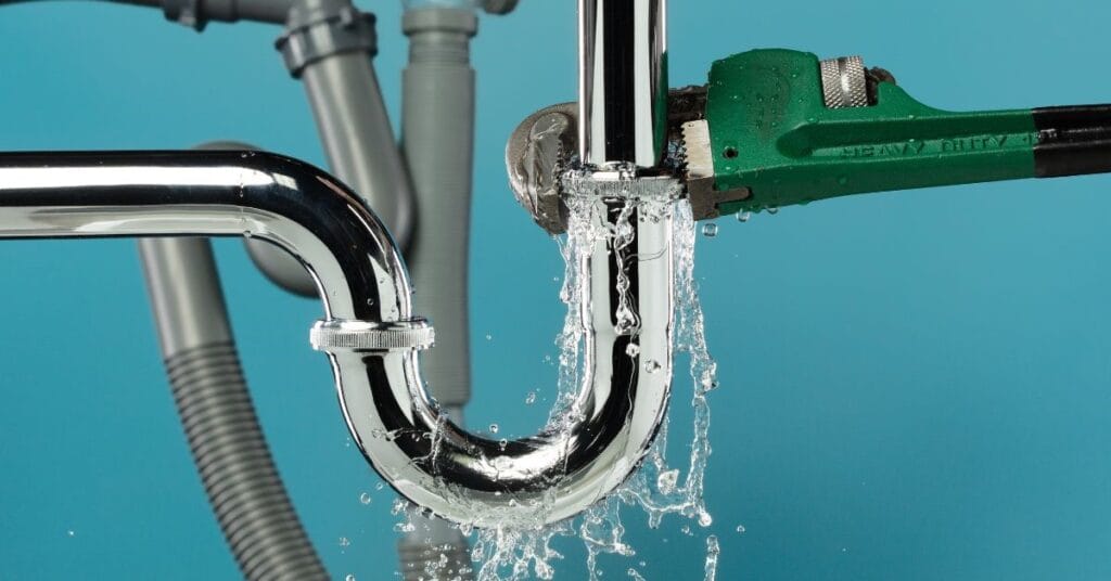 Close-up of a broken chrome drain pipe under a sink with water spraying out.