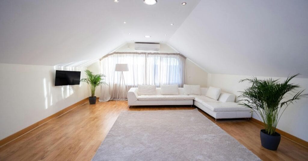 White attic living room with vaulted ceilings and sheer curtains that draw attention upward and brighten the room.
