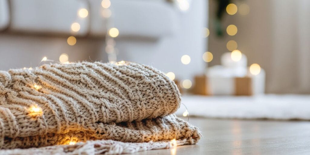 Close-up of a soft, chunky white knit throw blanket folded on a wooden surface.