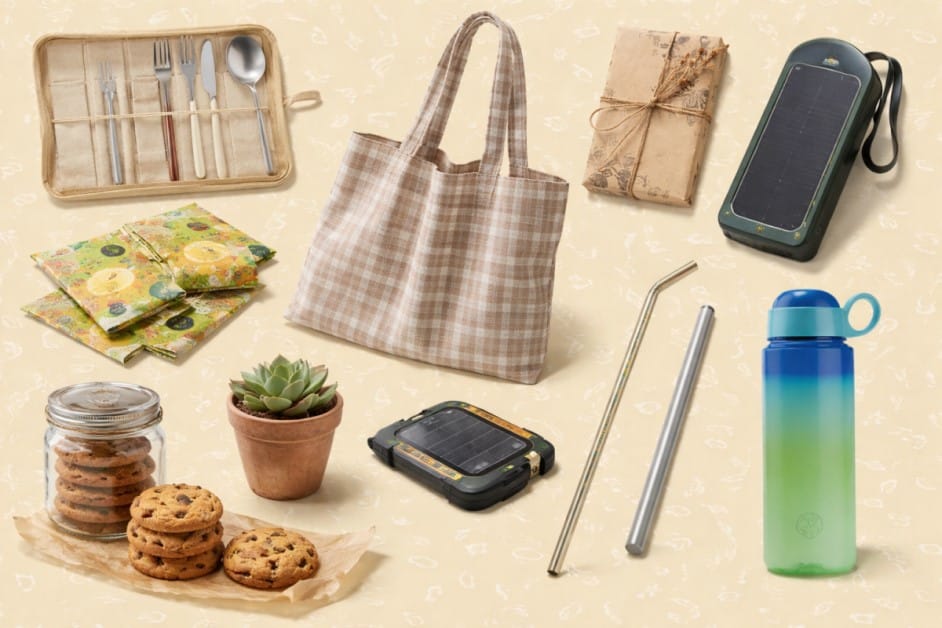 A variety of sustainable and eco-friendly gifts like a checkered tote bag, metal straws, and a small succulent.