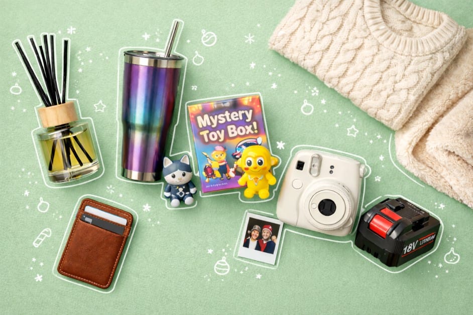 last-minute gifts ideas: camera, sweater, tumbler, and toys on a green background.