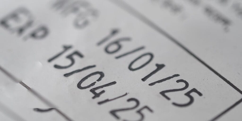 Close-up of medicine expiration date for a New Year medicine cabinet declutter