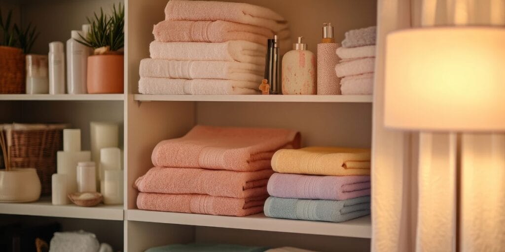 Neatly stacked colorful towels on an organized linen shelf, a simple home organization goal.