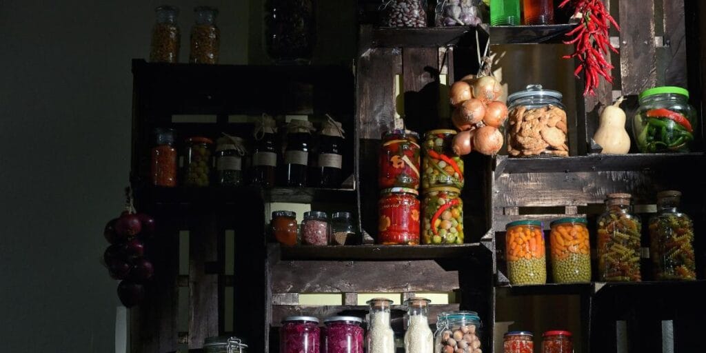 Organised kitchen pantry jars needing an inventory check for a January purge.