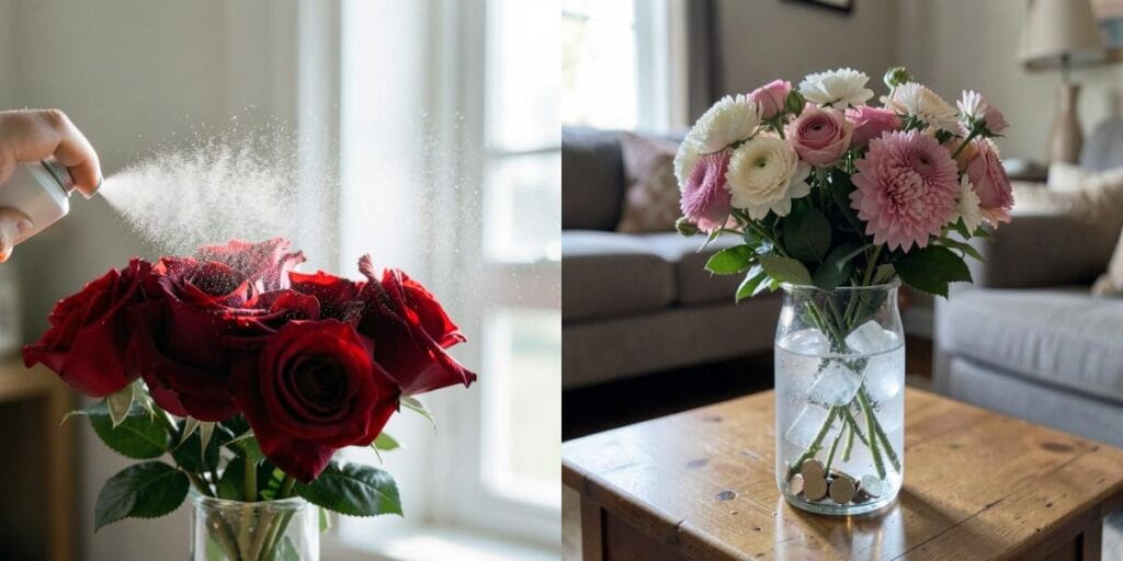 Split image showing popular but debated DIY methods for keeping flowers fresh.