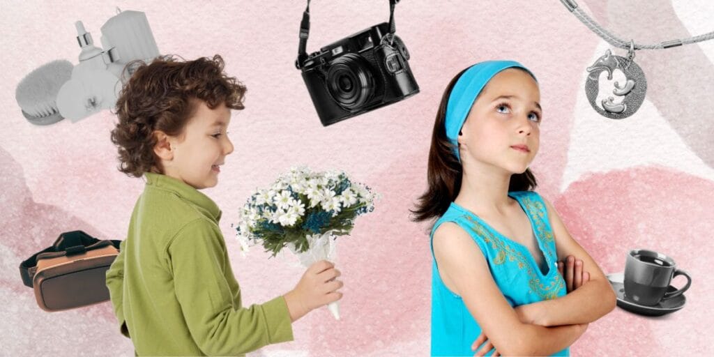 Valentine gift ideas collage with flowers camera and jewelry