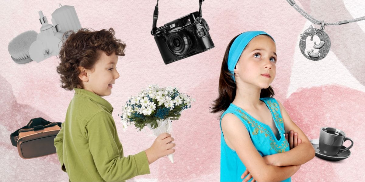 Valentine gift ideas collage with flowers camera and jewelry