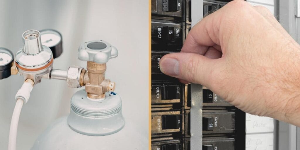 Close-up of a gas tank regulator valve and a hand switching an electrical circuit breaker.