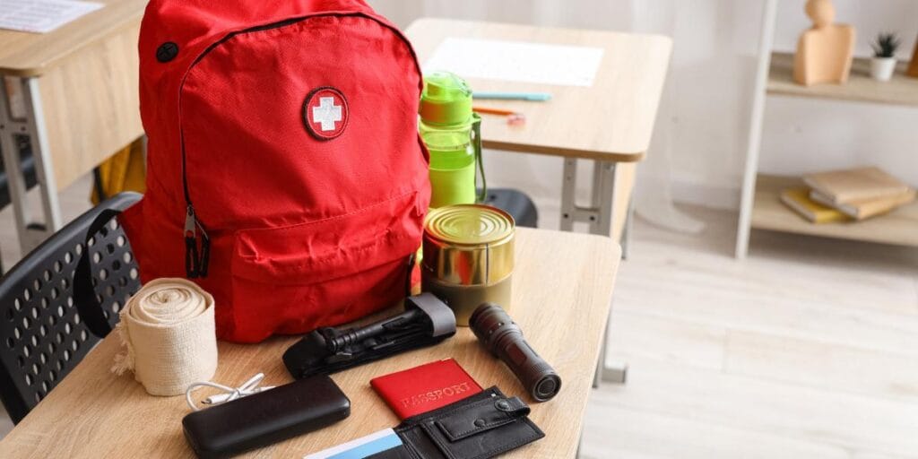 Red emergency go-bag with a flashlight, first aid supplies, and canned food on a wooden table.