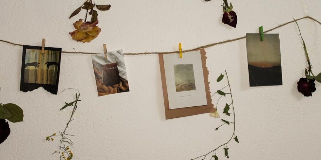Hanging photos and dried flowers using a simple string and clips.