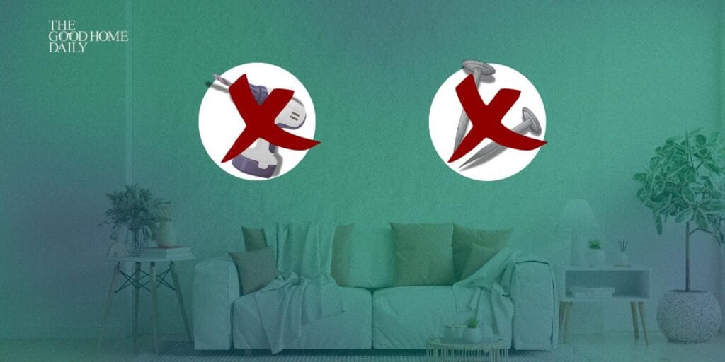 Hanging wall decor without nails using damage-free methods in a living room