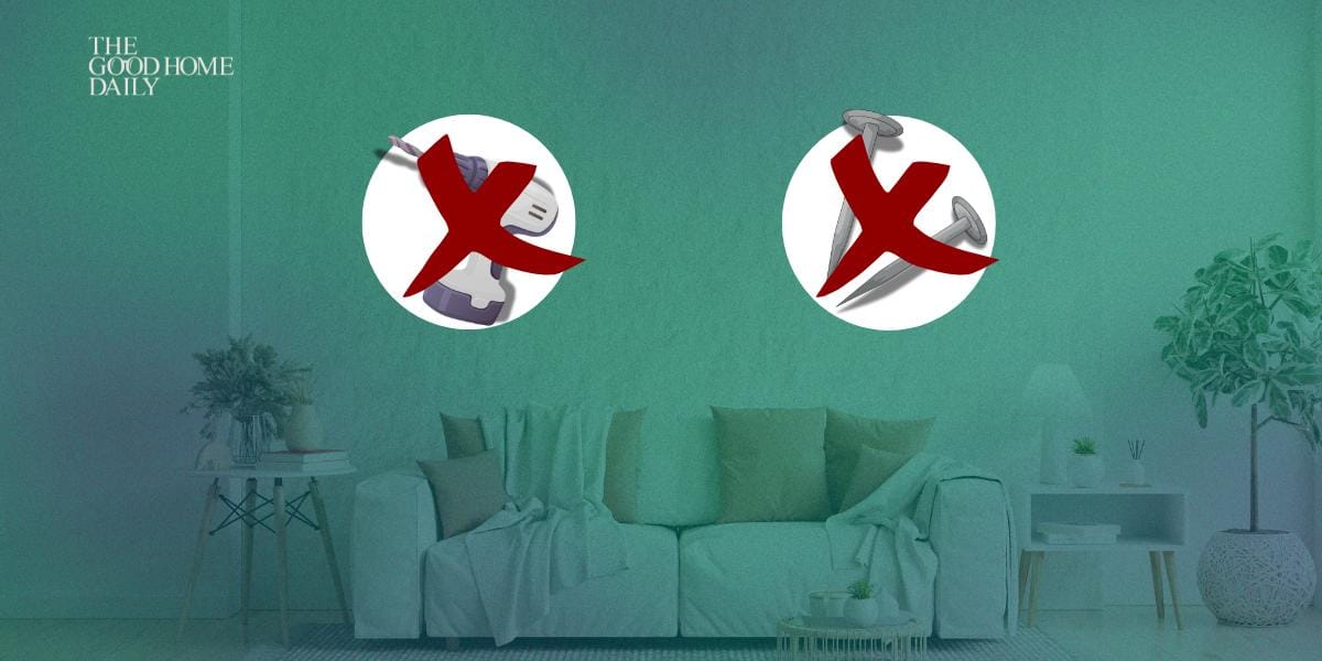 Hanging wall decor without nails using damage-free methods in a living room