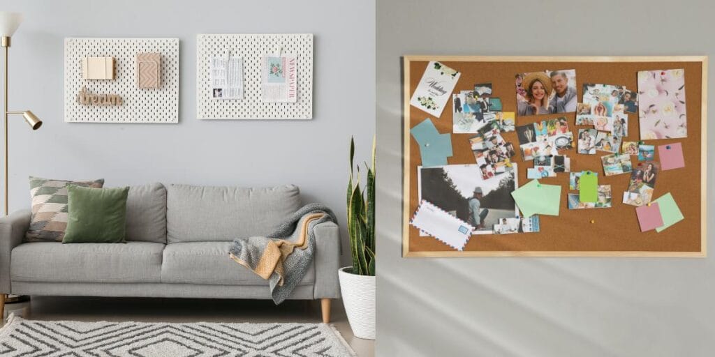 Hanging wall decor using versatile pegboards and corkboards.