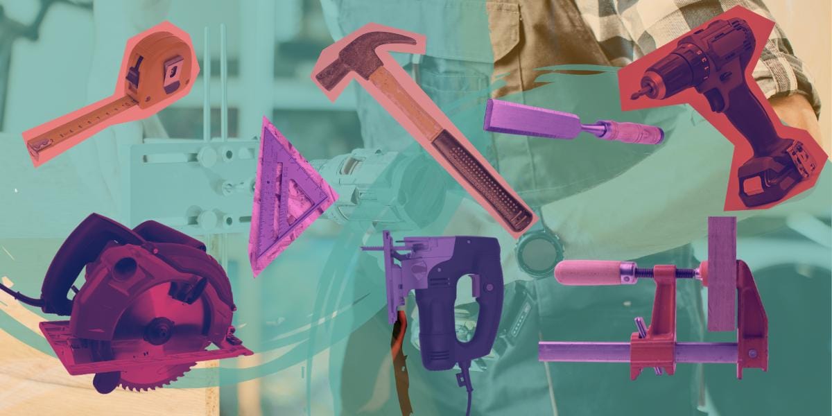 Essential woodworking tools collage including circular saw, drill, and hammer.