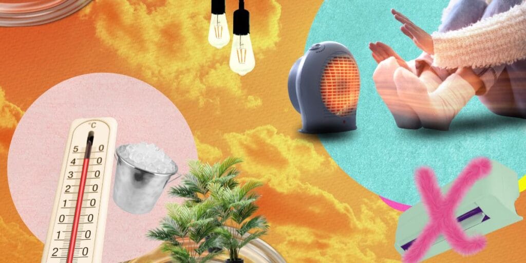 collage of a thermometer, ice bucket, and house plants for cooling a room without AC.