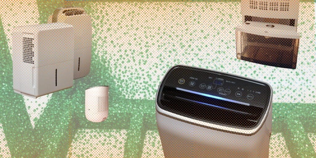 Illustration of different dehumidifier models against a background of mold buildup