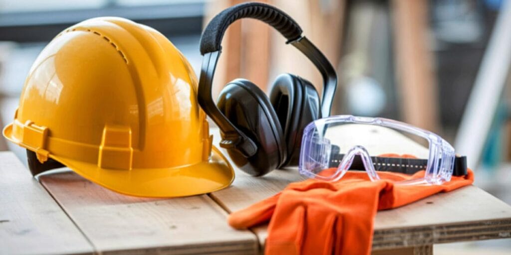 Woodworking PPE kit with yellow hard hat, ear muffs, safety goggles, and gloves.