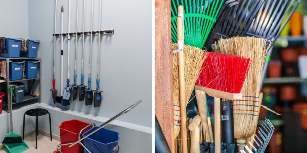 Brooms and mops in a closet, which are essential tools you forget to clean at home.