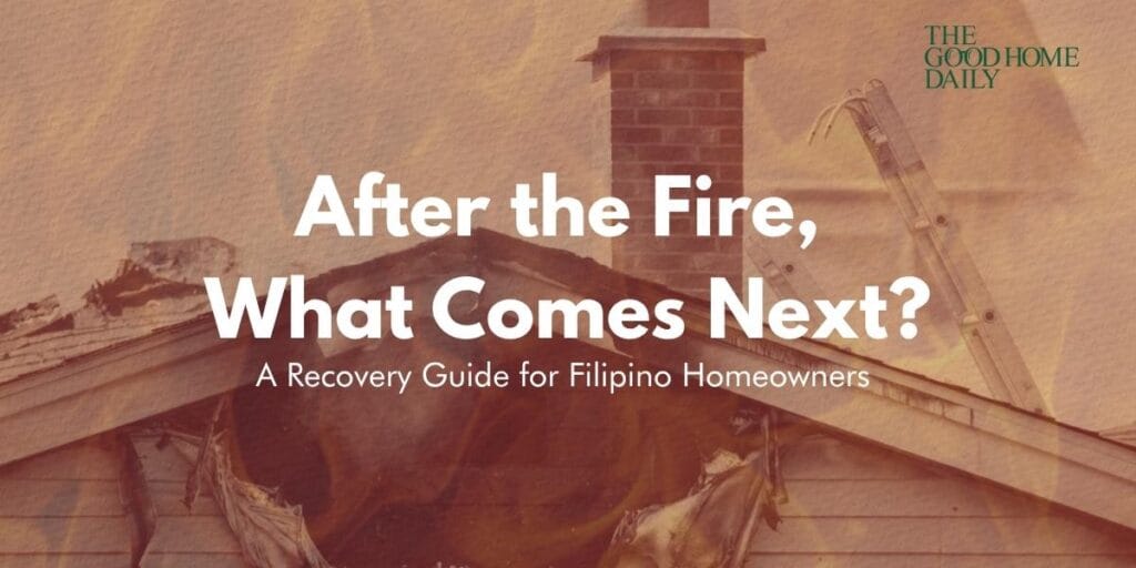 House Fire Recovery Guide for Filipino Homeowners blog header with fire-damaged house background.