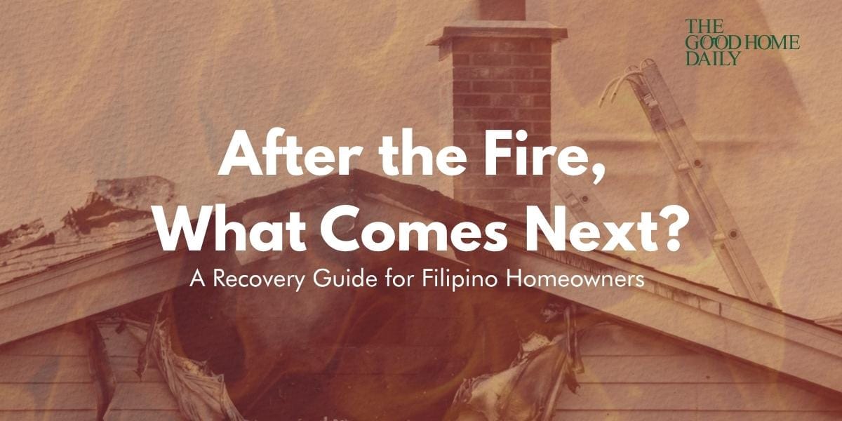 House Fire Recovery Guide for Filipino Homeowners blog header with fire-damaged house background.