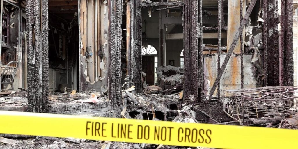 Charred interior of a burnt home behind yellow "Fire Line Do Not Cross" caution tape.