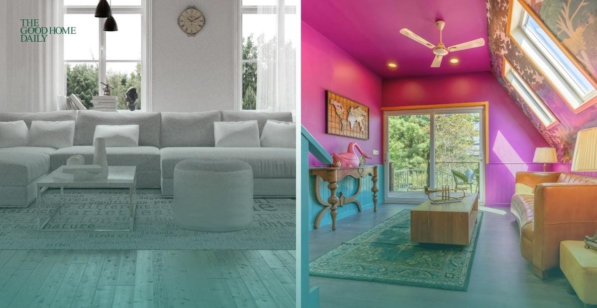 Comparison of a sterile, neutral living room on the left and an overly vibrant, clashing room on the right, illustrating common design mistakes