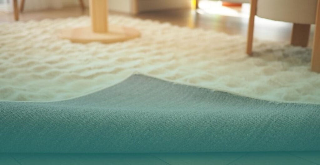 The corner of a plush, cream-colored area rug is lifted to show the floor beneath