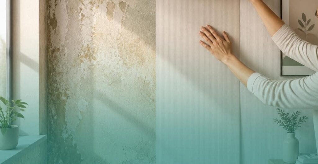 A person applies peel-and-stick wallpaper over a worn-out, textured wall