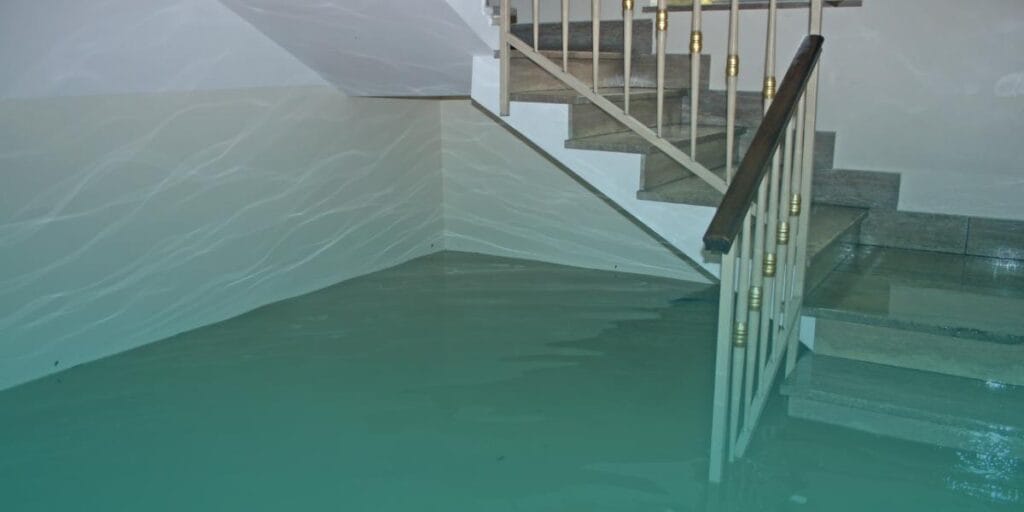 Floodwater entering the ground floor of a home during heavy rainfall.
