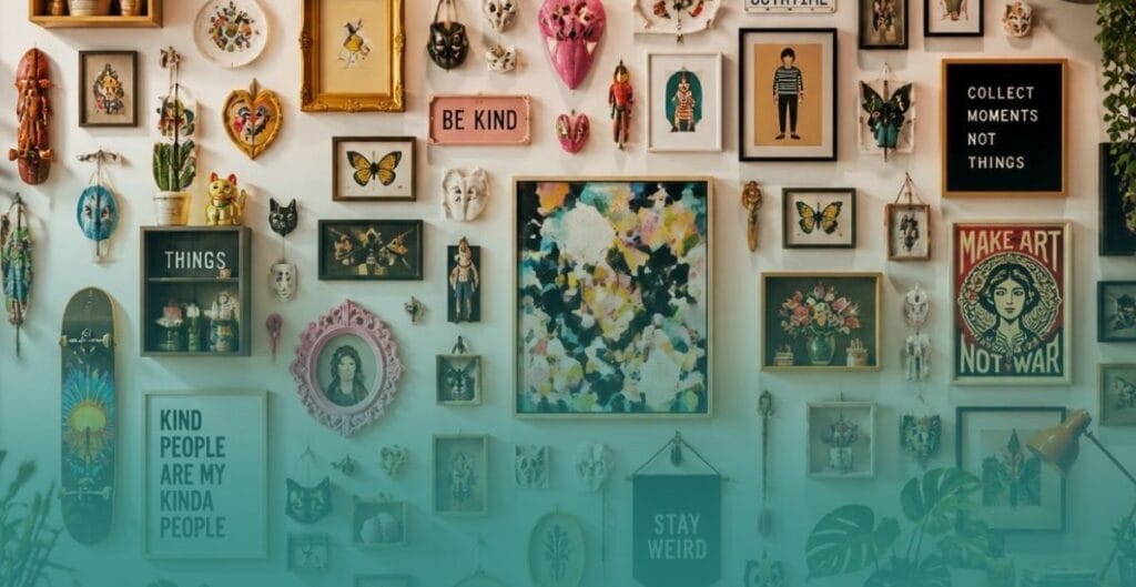 A wall cluttered with an excessive collection of small frames and decorative items.