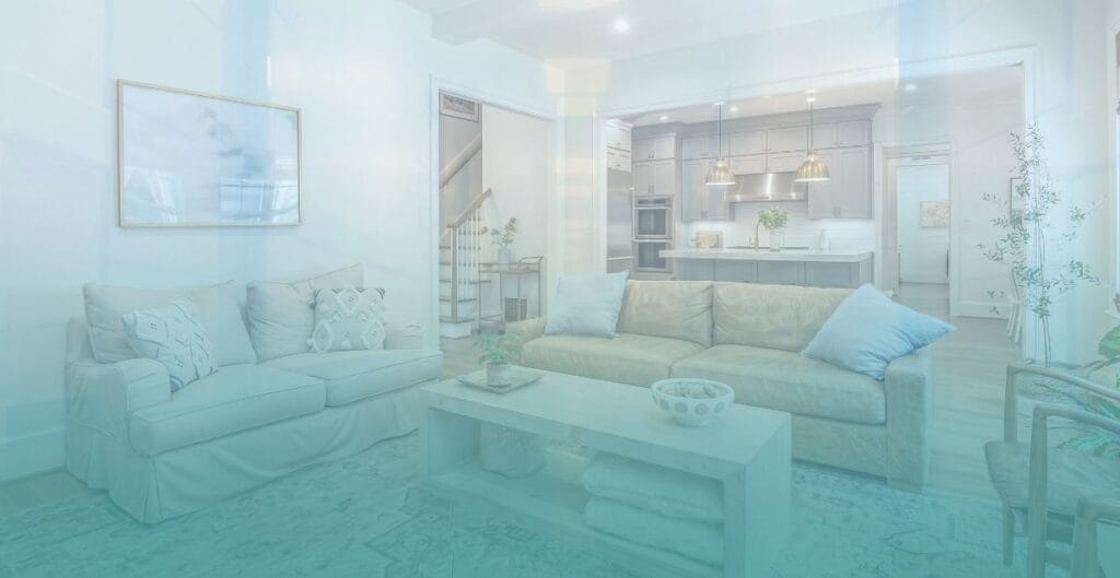 inimalist living room with bright, sterile lighting and glossy floors.