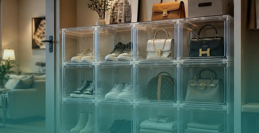 Stacked, clear acrylic storage cubes organizing shoes and handbags