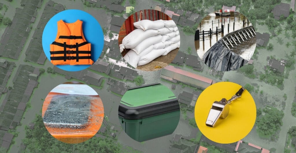 lood-prone home survival kit items including sandbags and a life vest for the rainy season